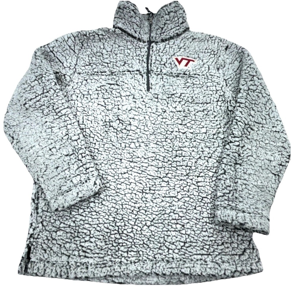 Virginia Tech Hokies Sweater Women Medium Gray Deep Pile Sherpa Fleece Jacket DY